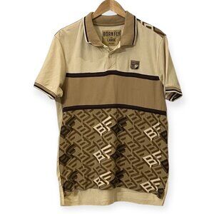 Born Fly Polo Shirt Large Beige Brown Monogram Logo Short Sleeve 100% Cotton
